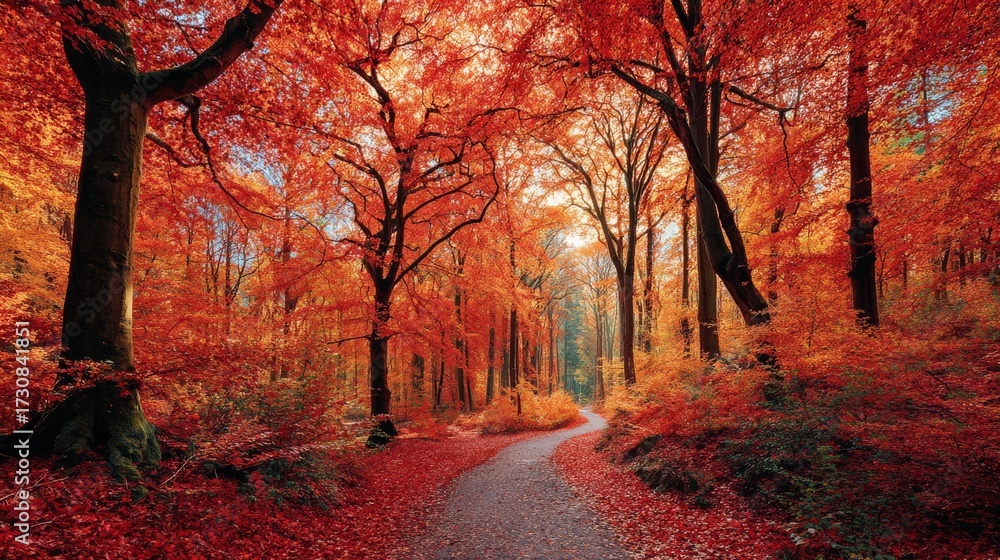 Naklejka premium Colorful autumn forest trail with vibrant red and orange leaves in a peaceful setting