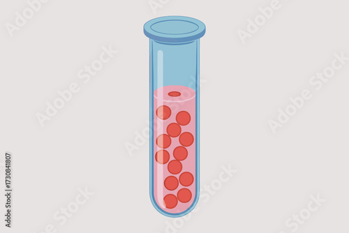 Test tube illustration with red blood cells for medical and scientific concepts showcasing a healthcare study and disease analysis in a lab