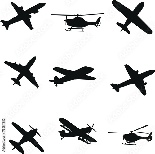 Airplane and Helicopter Silhouette Vector Set .