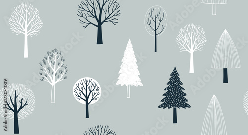 A repeating pattern of stylized trees in white and dark blue on a light gray background.