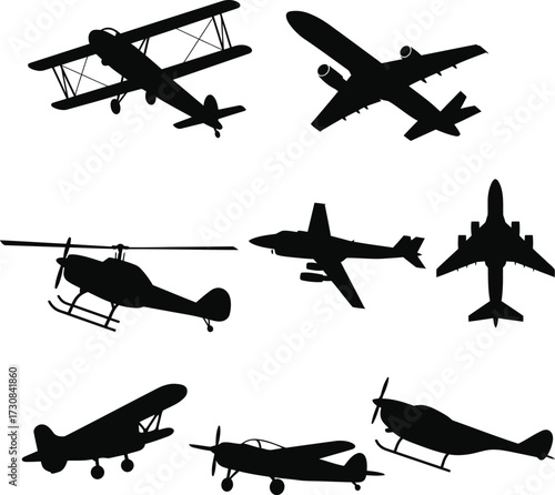 Airplane and Helicopter Silhouette Vector Set .