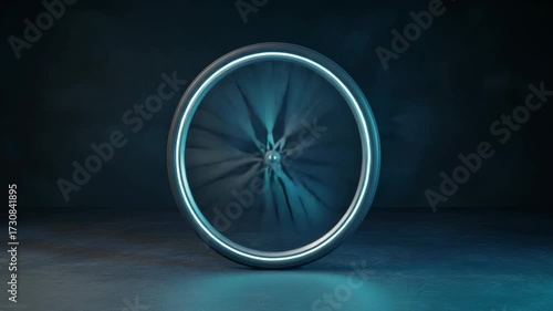 Dynamic bike wheel rolling with glowing rim in studio setting, motion graphic scene