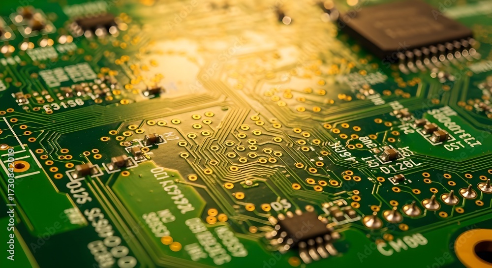 Fototapeta premium Zbliżenie na zieloną płytkę drukowaną z elementami elektronicznymi i złotymi ścieżkami