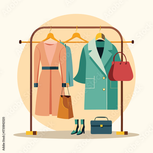 Fashionable women s clothing and accessories displayed on a rack including dresses coats handbags and boots in a modern flat illustration style