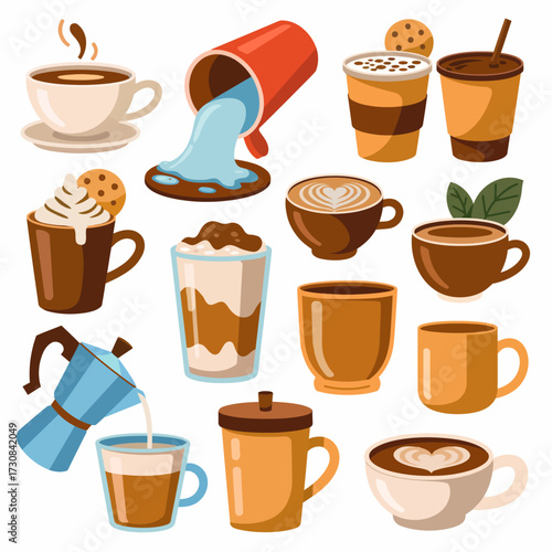 Variety of Coffee Drinks in Cute Cartoon Style Illustration for Cafe Menu and Coffee Shop Decor Promotion