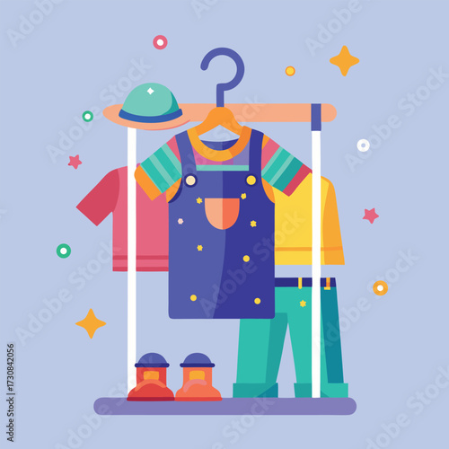 A colorful flat illustration of a child s clothing rack displaying a blue denim overall with orange accents a striped t shirt and green pants