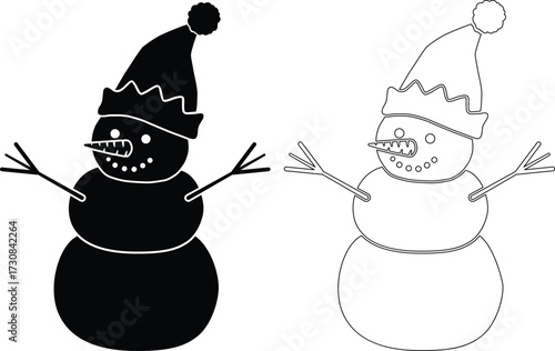 Two snowmen in silhouette style one solid black and one outlined isolated on white background