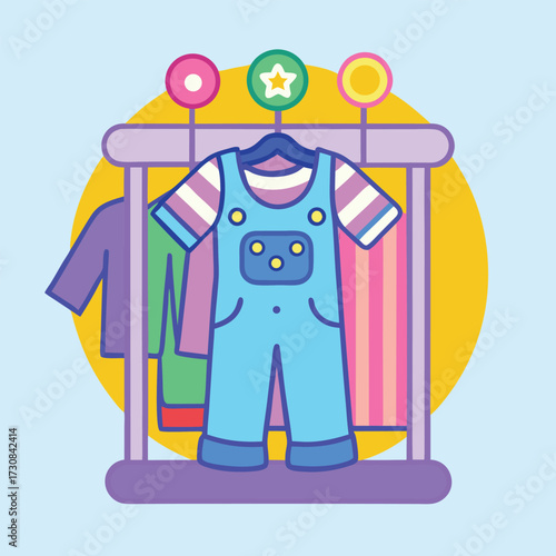 A colorful cartoon illustration of a clothing rack displaying cute baby overalls and other children s apparel against a soft blue background with a yellow circle