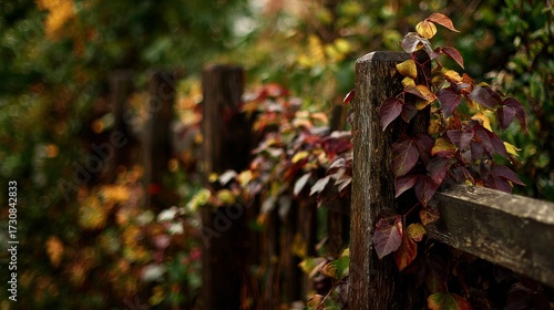 Rustic wooden fence covered in climbing autumn ivy