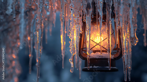 Wallpaper Mural Glowing lantern with icicles in snowy winter evening Torontodigital.ca