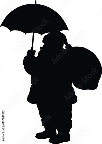 Santa claus silhouette holding an umbrella and gift bag isolated on white background