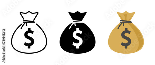 Money bag sack Dollar currency symbol pouch vector icon set outline, solid, gold style.