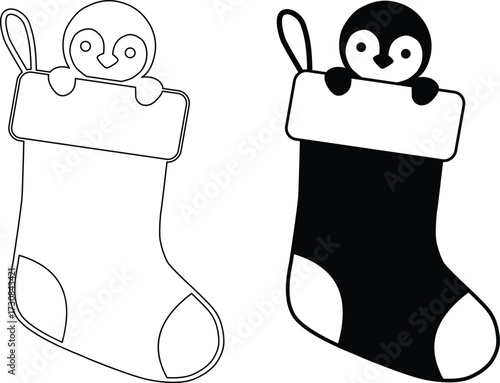 Cute penguin peeking out of christmas stocking silhouette isolated on white background