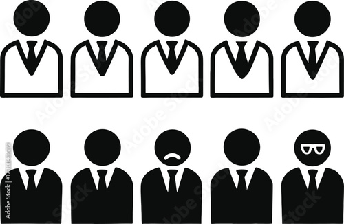 Silhouette icons of suited individuals in rows, conformity versus individuality concept, minimal vector style, professional attire, unique character, 