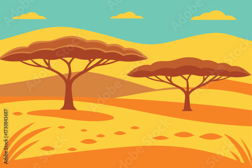 African Savanna Landscape Vector Illustration, Desert Nature Scene.