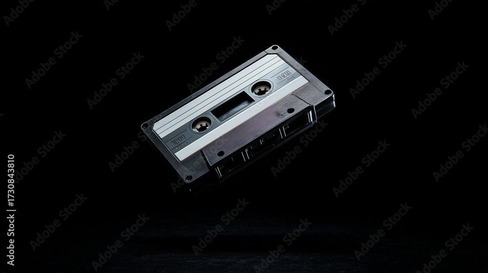 Obraz premium Audio cassette levitating with reflected light on a dark background, symbolizing nostalgic music and retro technology