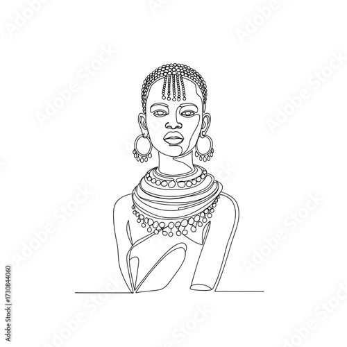 Line art depicting an African woman adorned with jewelry and beads  