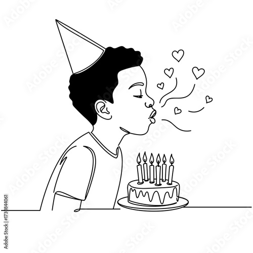 Young black boy blowing out candles on birthday cake with love symbols in line art style, transparent background, celebrating joyfully  