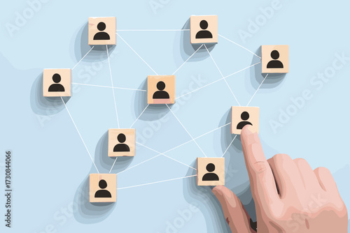 Human network selection concept with wooden blocks and icons, organizational structure, decision-making gesture, social connection, minimal business design, HR and communication symbol