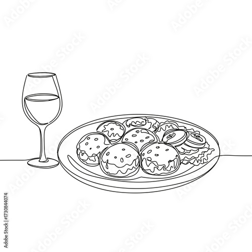 Plate of appetizers with wine glass in line style, transparent background  
