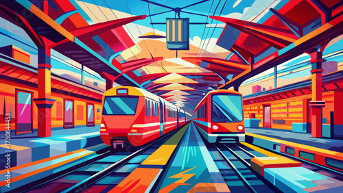 very beautiful Urban Train Station Scene Red Trains Watercolor Impressionism