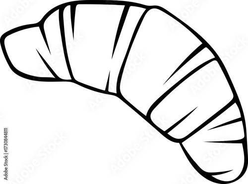 Hand-drawn black and white icon of a traditional French croissant, sketch style illustration of a delicious flaky pastry. Simple doodle of a classic breakfast or bakery item