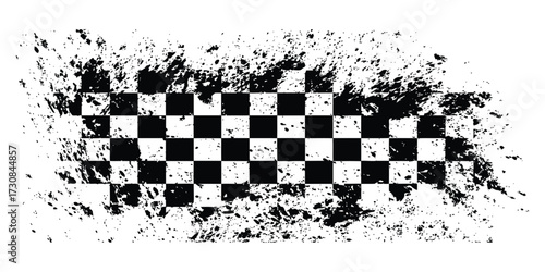 High quality grunge checkered racing flag vector with dirty paint splatter and distressed texture. Ideal for motorsport graphics, car racing banners, finish line designs, speed competition artwork.
