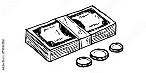 Hand drawn vector of money, banknotes, coins, Minimalist vintage crayon style.