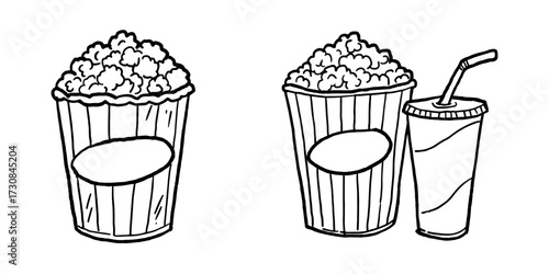 Hand drawn vector of popcorn bucket and soda, minimal vintage crayon style.