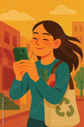 Girl taking photo with smartphone in city street