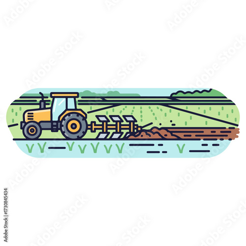 Agricultural Tractor Plowing Soil in a Green Field.