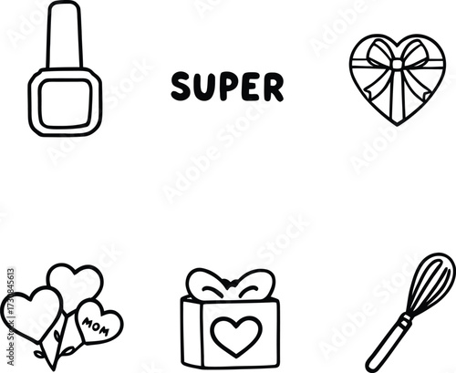 Mother’s Day Icon Set Vector Featuring Nail Polish, Gift Box, Balloons, Whisk, and “Super Mom” Text in Line Art Style