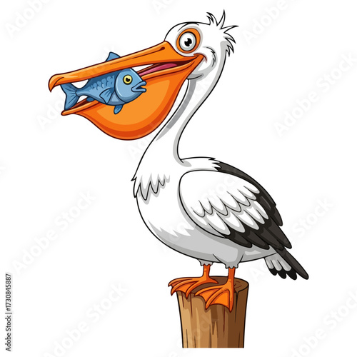 Pelican with Fish in Beak Perched on Wooden Post.