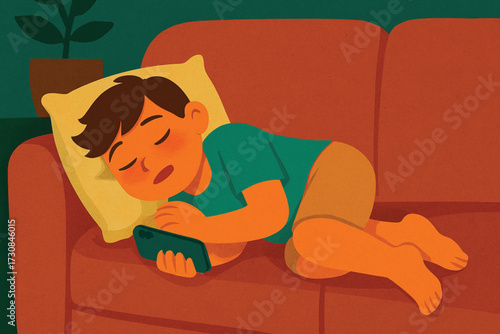 Young boy taking afternoon nap on sofa,