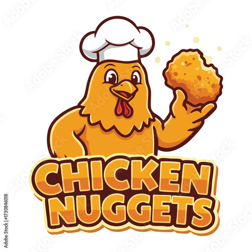 Cartoon chef chicken holding nugget atop text Chicken Nuggets
