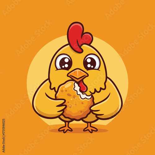 Cartoon chicken happily eats a chicken nugget against an orange background