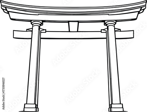 Torii Gate Silhouette Vector Featuring Traditional Japanese Shrine Entrance in Black and White Line Art Style