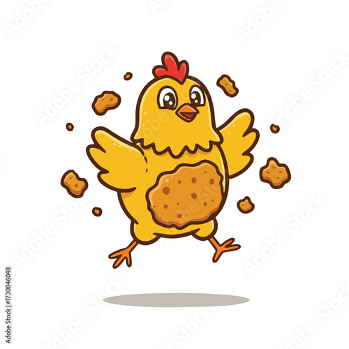 Cartoon chicken with cookie on its chest surrounded by cookie crumbs jumping