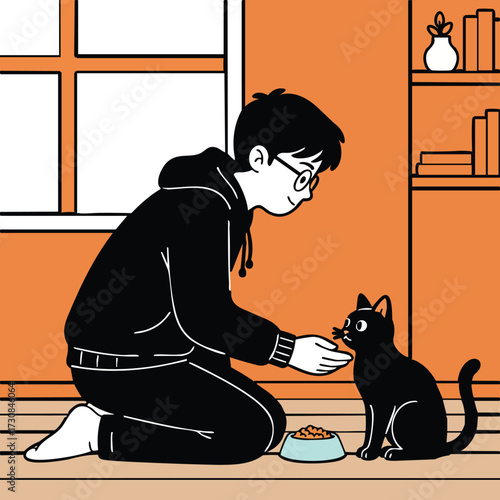 Cartoon of a person kneeling feeding a black cat in a room with a window and shelf