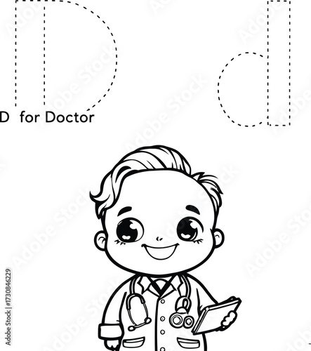 D for Doctor Educational Vector Featuring Tracing Letters and Cartoon Doctor with Stethoscope in Line Art Style