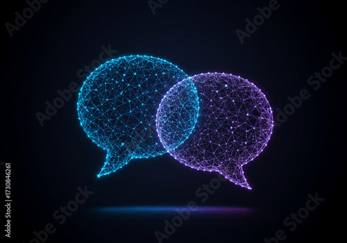 Modern communication concept shows glowing interconnected speech bubbles in blue and purple, representing dialogue and digital connection for global business teams