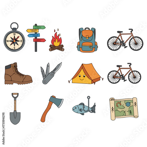 Camping and outdoor adventure equipment and supplies illustration.