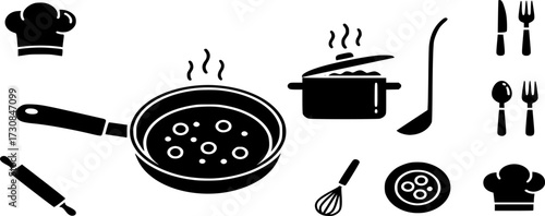 Cooking solid icon set. Kitchen tools boiling, frying, pan, pot, spoon, food and dinner icons vector illustration