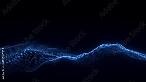 Music color wave of particles and lines. Big data visualization. Abstract blue background with a dynamic wave. 3d rendering.