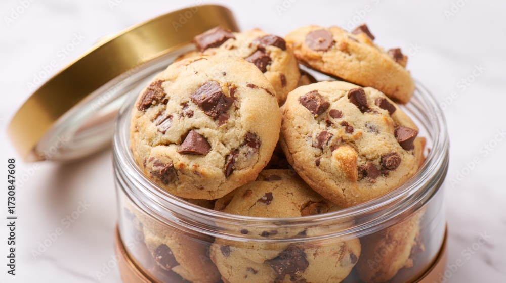 Fototapeta premium Delicious chocolate chip cookies are stacked in a clear jar resting on a marble countertop. The warm inviting aroma fills the air perfect for snack time.