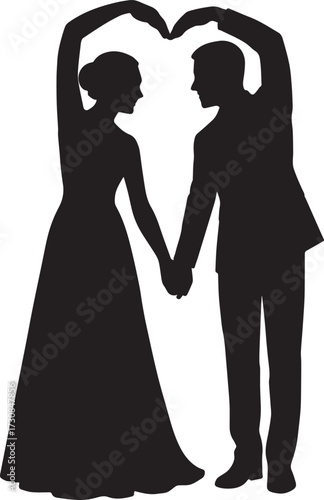 A man and a woman standing face to face. They are holding hands and have their other arms raised to form the top of a heart shape. The woman is wearing a long dress and the man is in a suit.