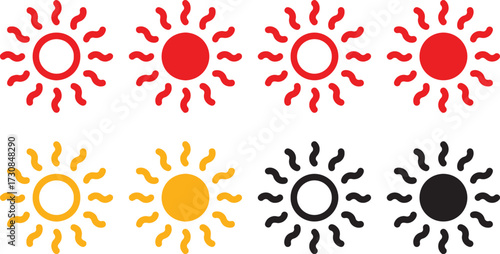 sun, sun icon, weather, summer, heat, sunshine, bright, energy, solar, rays, icon, symbol, graphic, design, vector, red, yellow, orange, black, white, circle, abstract, simple, weather icon, climate, 