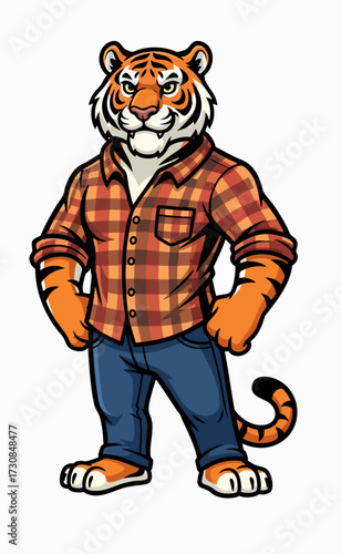 Animals in autumn attire presents a cartoon tiger wearing casual outfit, plaid shirt and jeans, standing confidently. Autumn attire suits tiger, creating an amusing image.