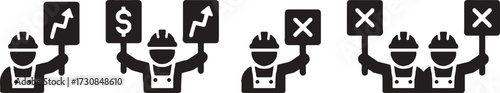 worker, construction worker, sign, symbol, dollar sign, graph, up arrow, down arrow, x mark, rejection, approval, decision, choice, business, finance, strategy, success, failure, concept, icon, illust