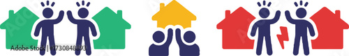 people, house, home, family, community, real estate, housing, icon, symbol, graphic, design, illustration, vector, green, yellow, red, blue, silhouette, two people, waving, high five, partnership, tog